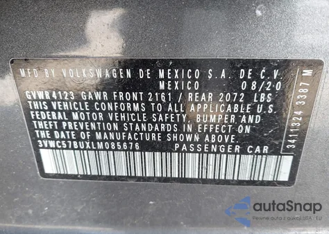 2020 Volkswagen Jetta 1.4T R-Line/1.4T S/1.4T Se from USA, damaged, VIN 3VWC57BUXLM085676